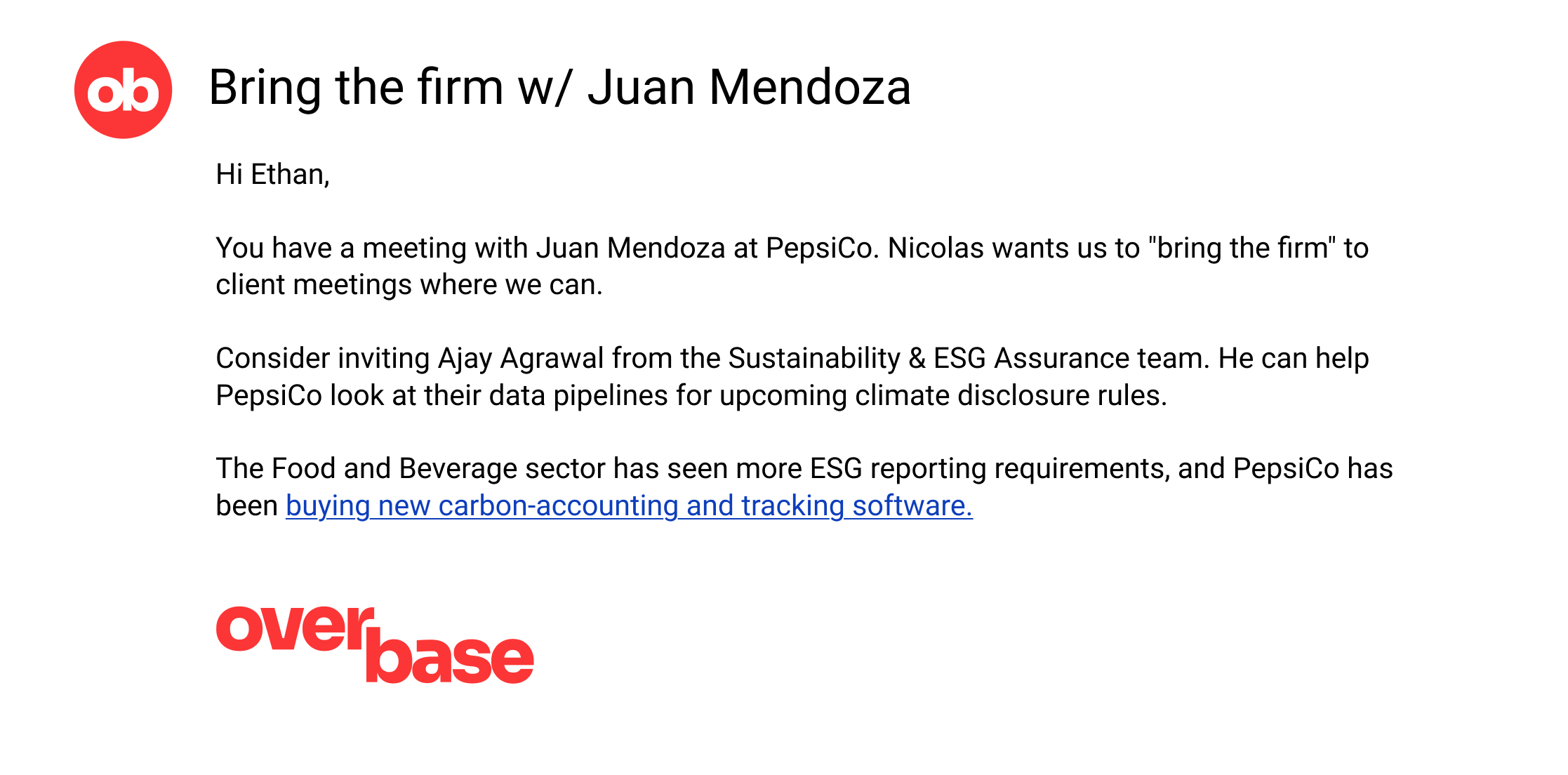 Gmail opportunity email showing an attached insurance renewal report from Overbase.
