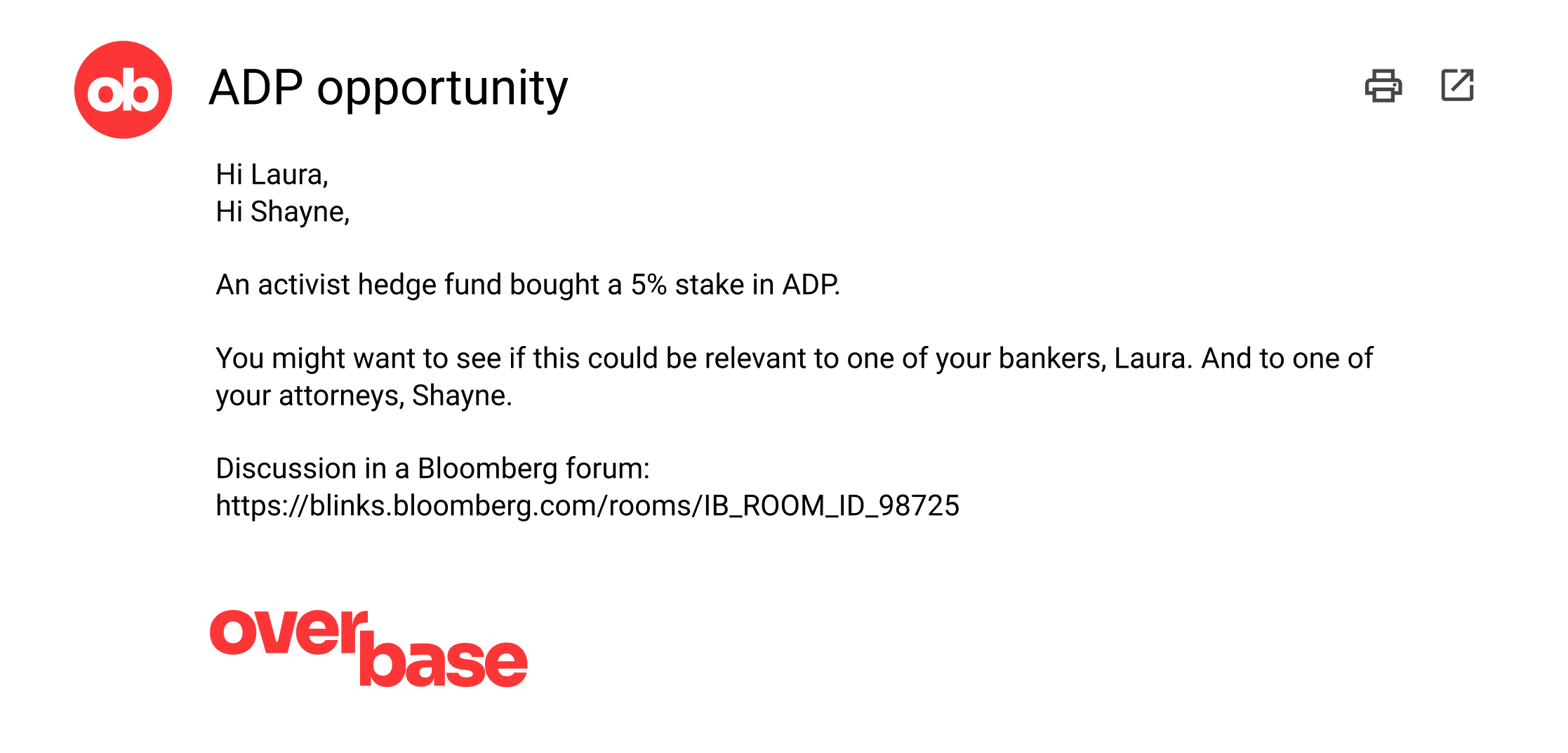 Gmail opportunity email showing an attached insurance renewal report from Overbase.
