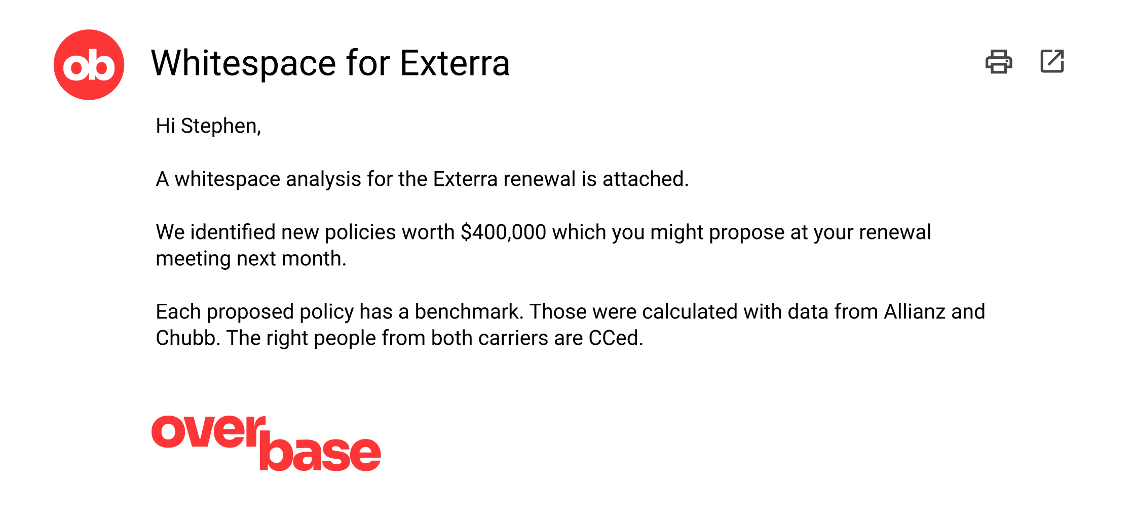 Gmail opportunity email showing an attached insurance renewal report from Overbase.