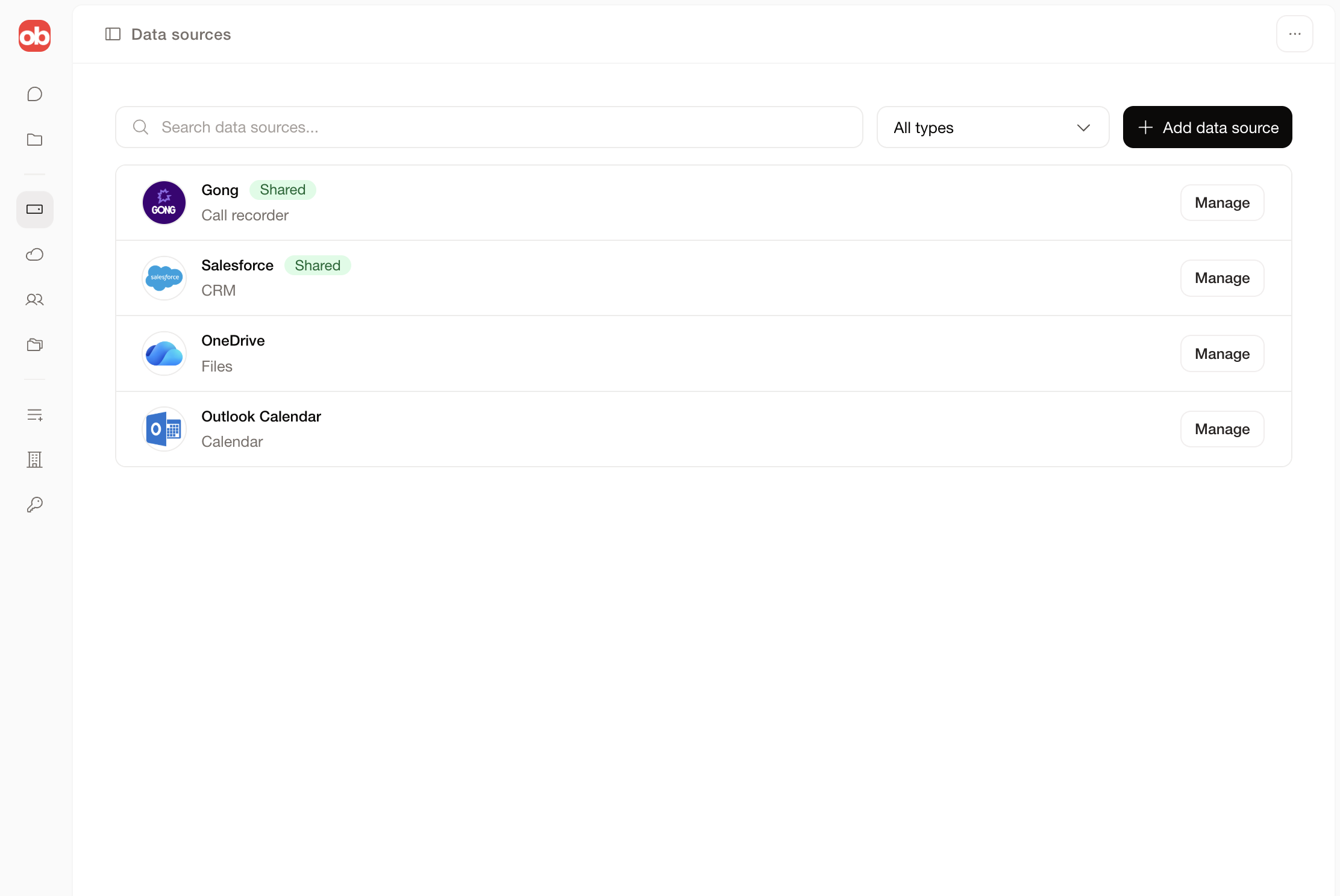 Overbase add data source modal showing supported data source categories.