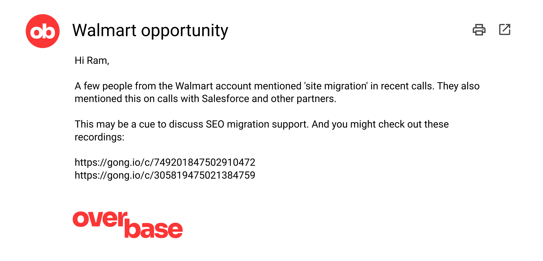 Gmail opportunity email showing an attached insurance renewal report from Overbase.